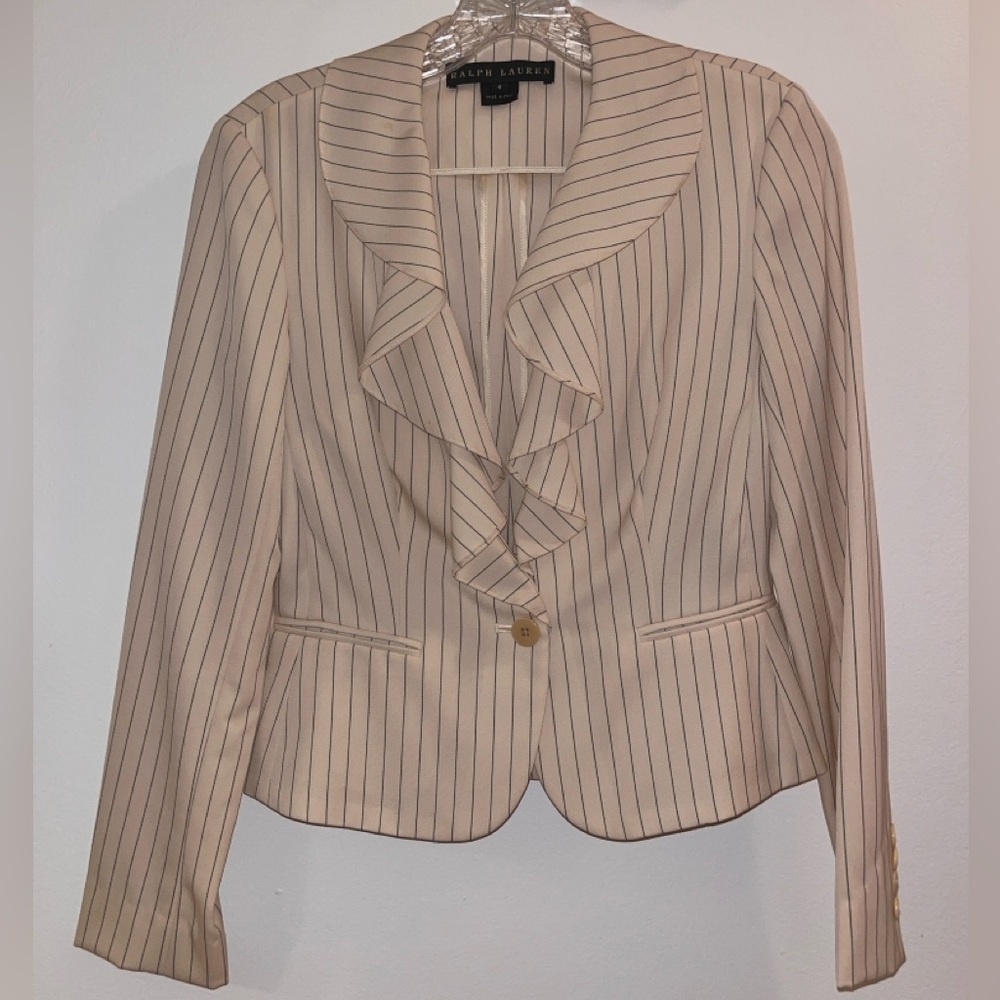 Ralph Lauren Ruffled Collar Suit Jacket. Fitted & flattering. Cream & pin stripe